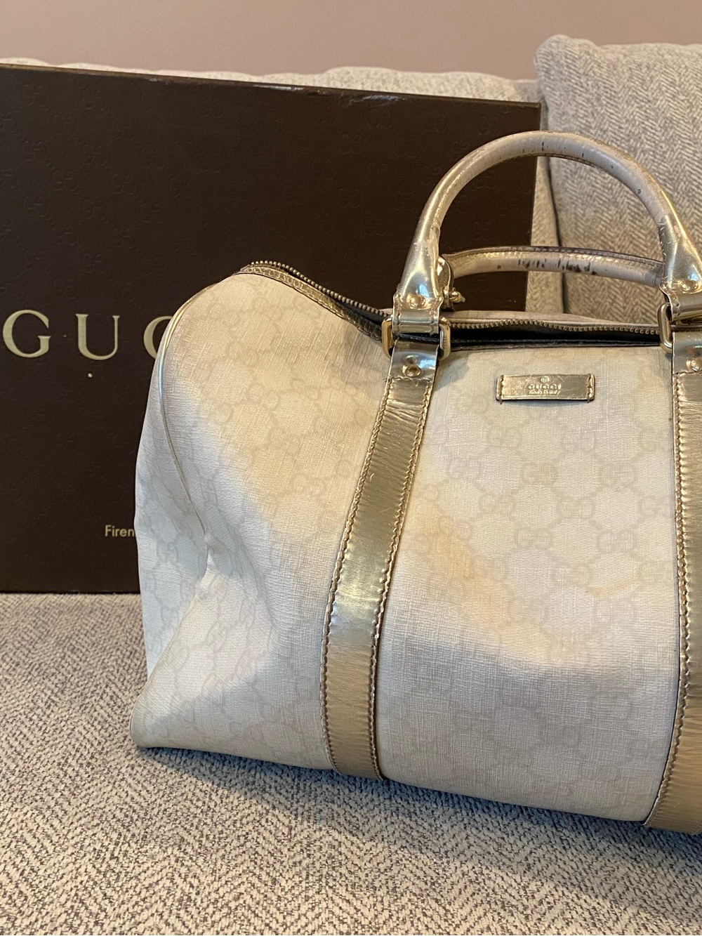 Gucci Cream Monogram Canvas Satchel with Gold Trim